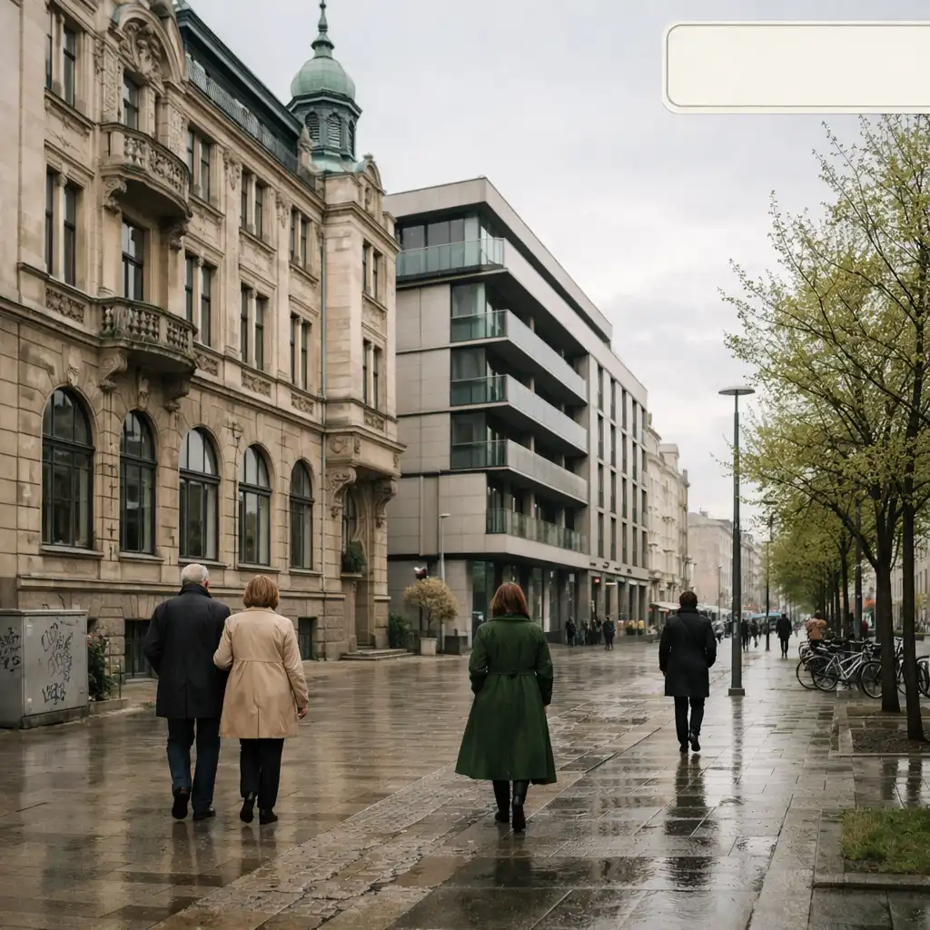Spacerowicze przy historycznej i współczesnej architekturze polskiego miasta
