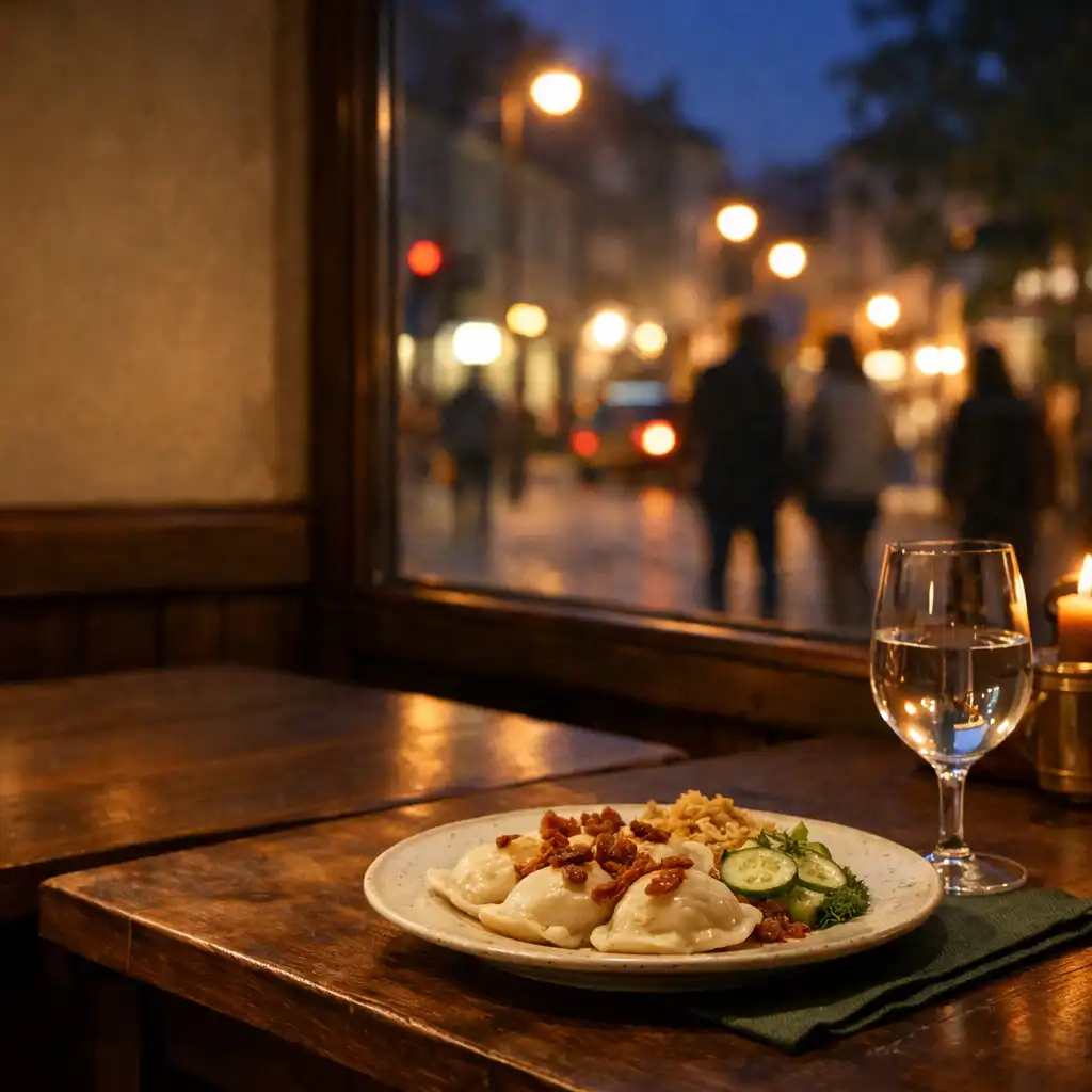 Kolacja przy oknie restauracji z widokiem na wieczorną ulicę