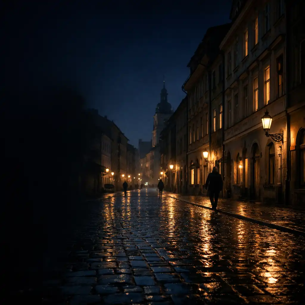 Nocna ulica polskiego miasta z mokrym brukiem i światłem w oknach