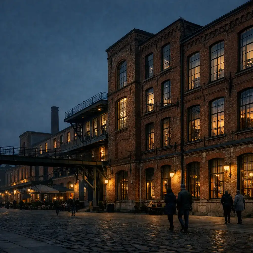 Postindustrialna ceglana architektura Łodzi wieczorem