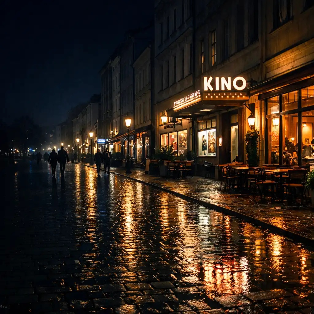 Nocna ulica polskiego miasta z odbiciami świateł po deszczu