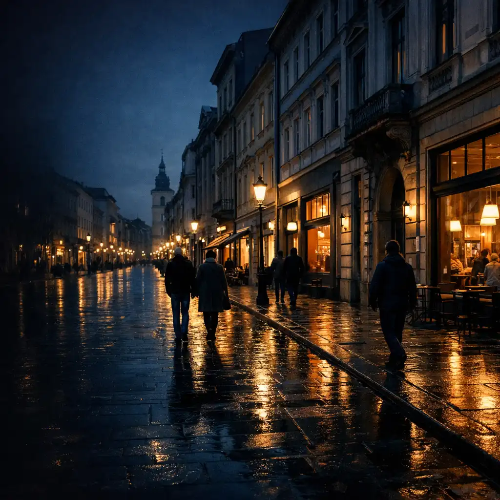 Nocna ulica w polskim mieście z restauracjami, światłami i przechodniami