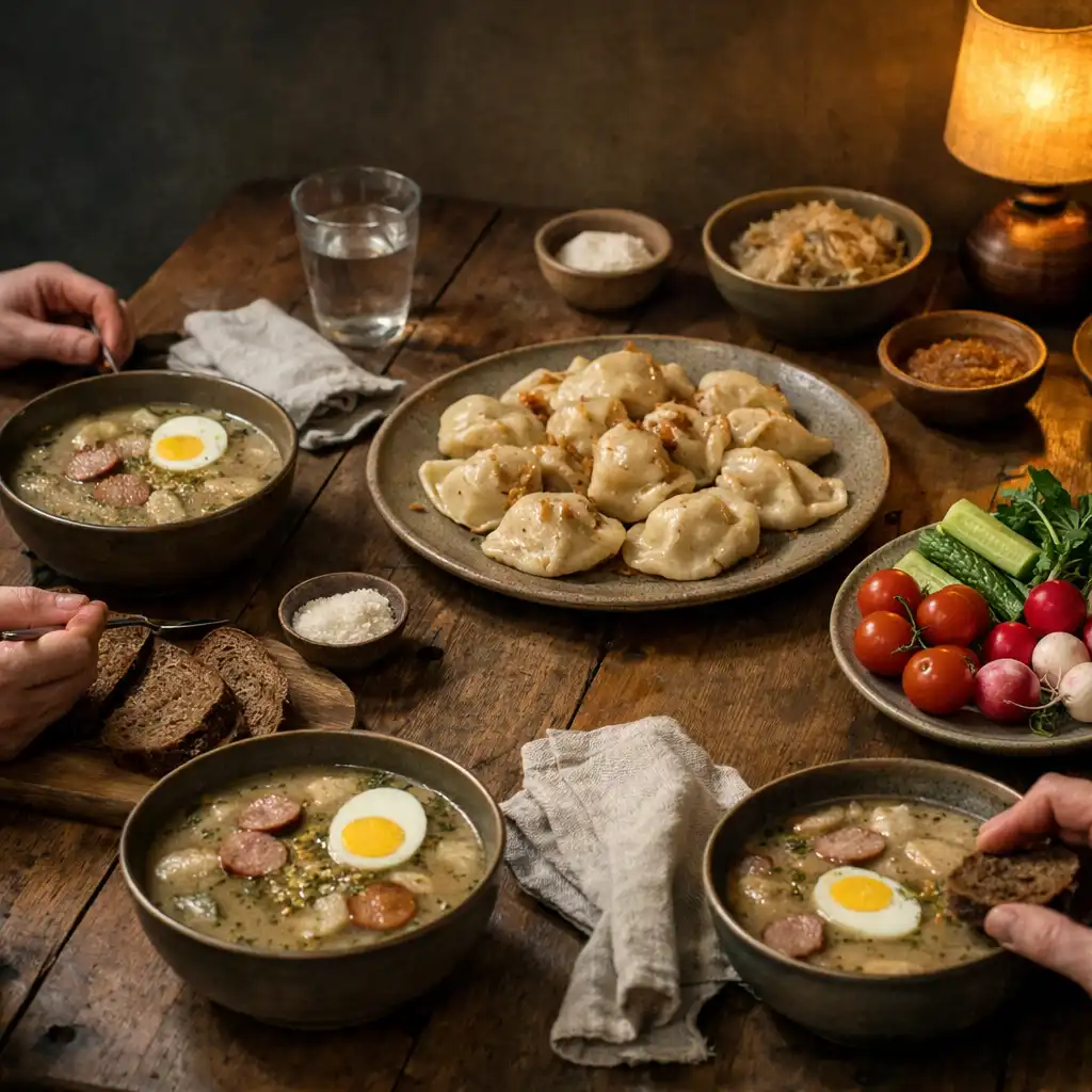 Wspólny stół z żurkiem, pierogami, chlebem i warzywami