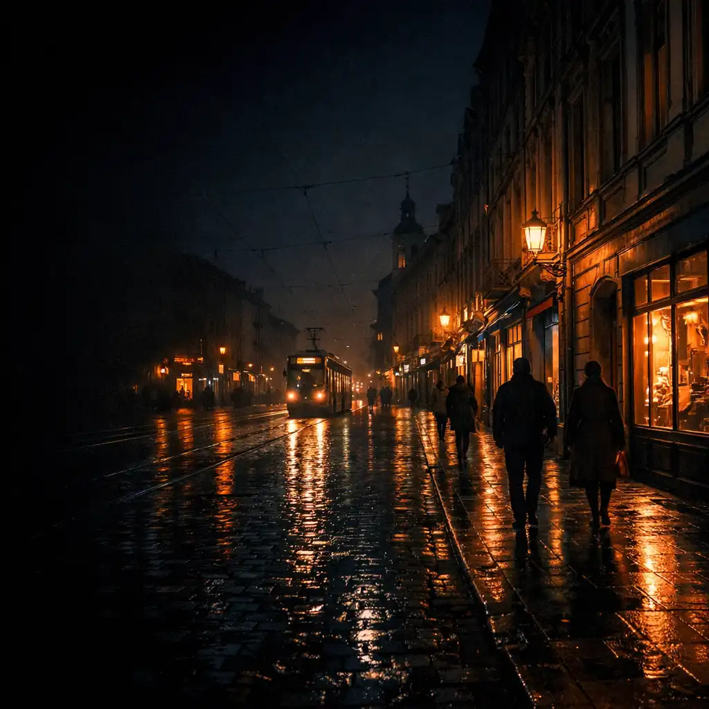 Mokra ulica polskiego miasta po zmroku, z tramwajem i światłami witryn
