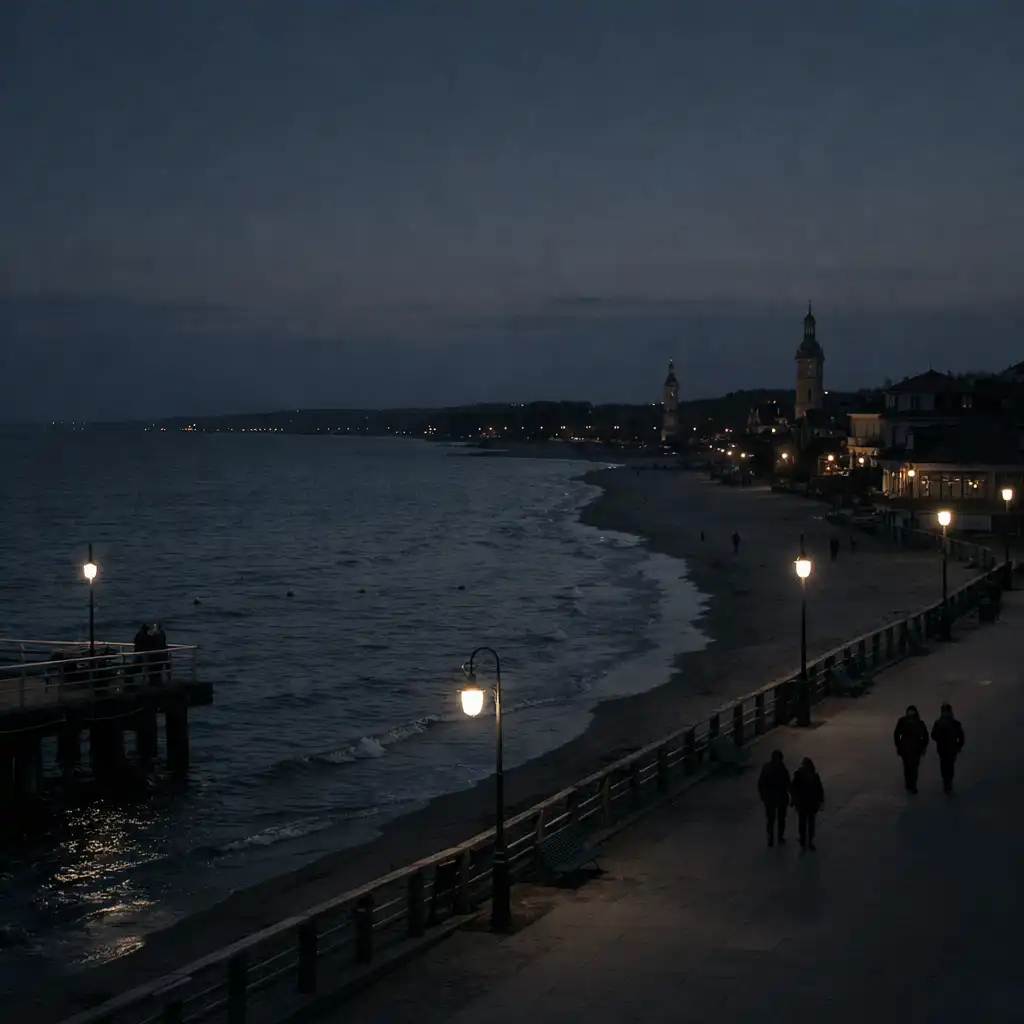 Morze i nadmorska promenada w Sopocie o zmierzchu