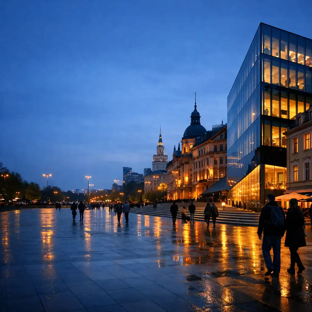 Warszawska przestrzeń publiczna o zmierzchu i współczesna architektura