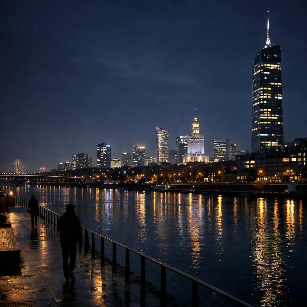 Nocna architektura Warszawy widziana znad rzeki