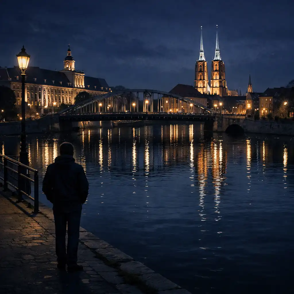 Wieczorny widok Wrocławia nad Odrą z mostem i odbiciami świateł